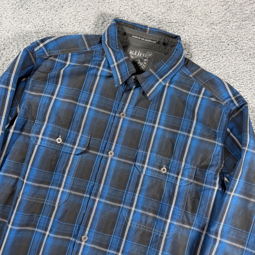 VTG Kuhl Eluxur Button Shirt Size Medium Windowpane Blue Plaid LS Outdoor